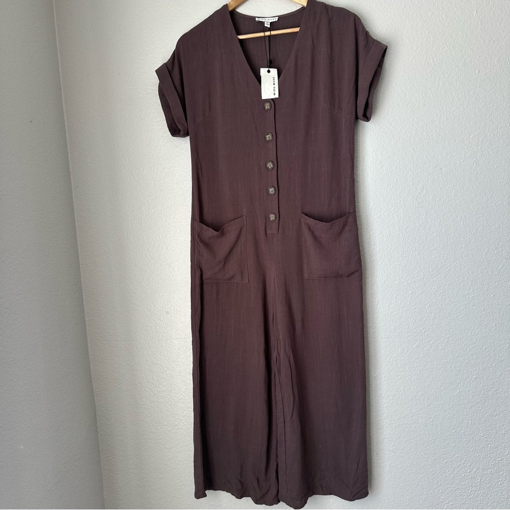 Miou Muse brown linen rayon blend short sleeve jumpsuit XS V-neck Button up NWT